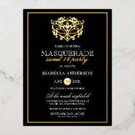 金ゴールド&エレガントブラックマスカレードスウィート16パーティー 箔招待状ポストカード