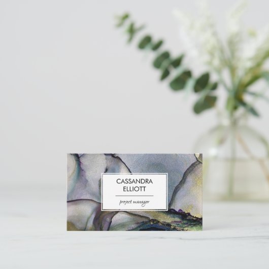 金ゴールド&カラフル抽象芸術アルコールインク液体アート 名刺 (スタンド正面)