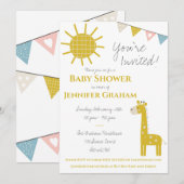 金ゴールド・キリ男女兼用ン、ベビー・シャワー 招待状 (正面/裏面)