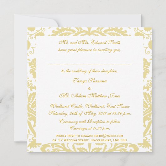 金ゴールド,クリームフローラダマスクパターン結婚式の招待 招待状 (裏面)