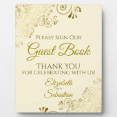 金ゴールド&クリームPleaseサイン私たちのゲストブック結婚ズ フォトプラーク (正面)