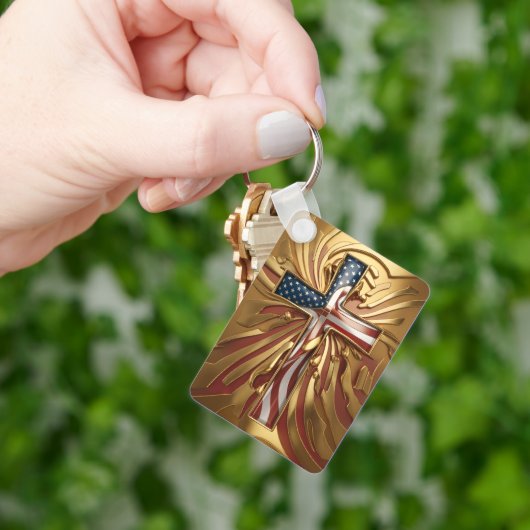 金ゴールド・クロスにおける米国国旗#5 キーホルダー (手)