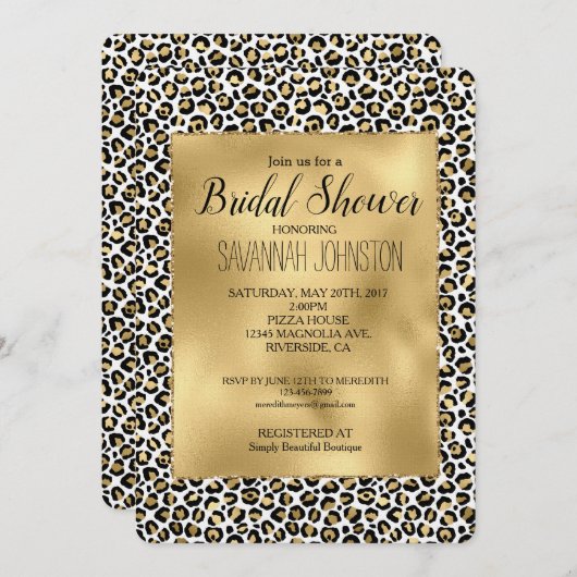 金ゴールド·グラム·ブラック·レオパード·プリント 招待状 (正面/裏面)