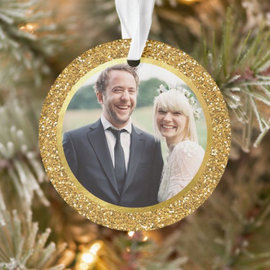 金ゴールド&グリッターファースト結婚したクリスマスフォト オーナメント (ツリー)