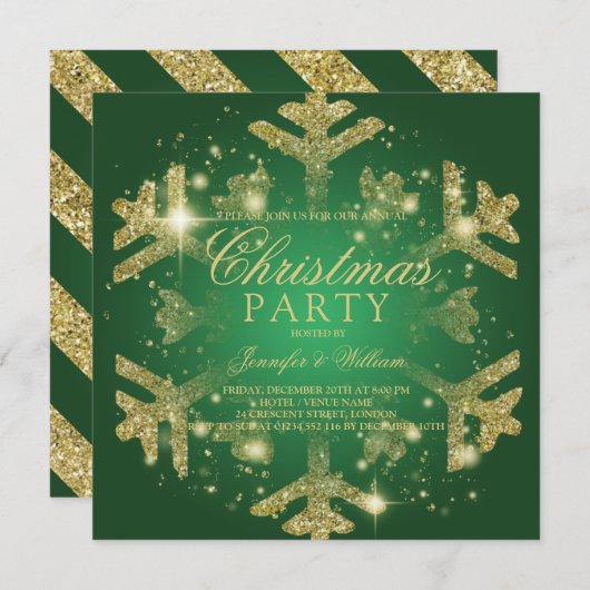 金ゴールド&グリーングリッタースノーフレーククリスマスホリデーパーティー 招待状 (正面/裏面)