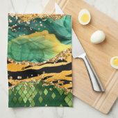 金ゴールド&グリーンサファリアニマルプリントゲート キッチンタオル (四つ折り)
