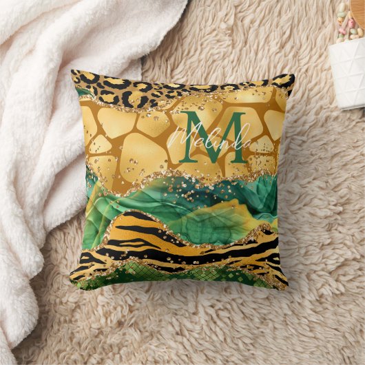 金ゴールド&グリーンサファリアニマルプリントゲート クッション (ブランケット)