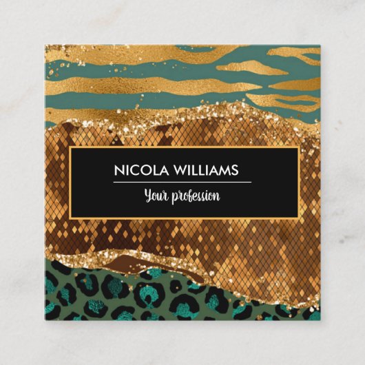 金ゴールド&グリーンサファリジャングルアニマルプリントアゲート スクエア名刺 (正面)