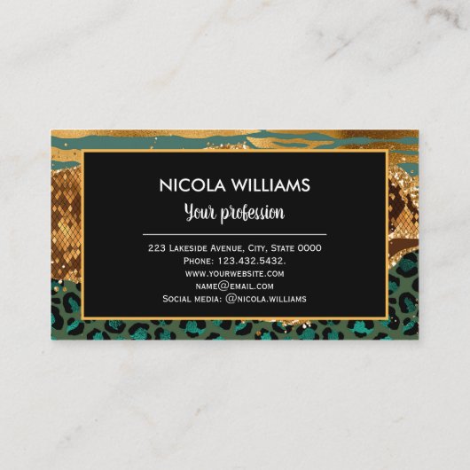 金ゴールド&グリーンサファリジャングルアニマルプリントアゲート 名刺 (裏面)