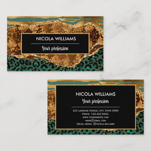 金ゴールド&グリーンサファリジャングルアニマルプリントアゲート 名刺 (正面/裏面)