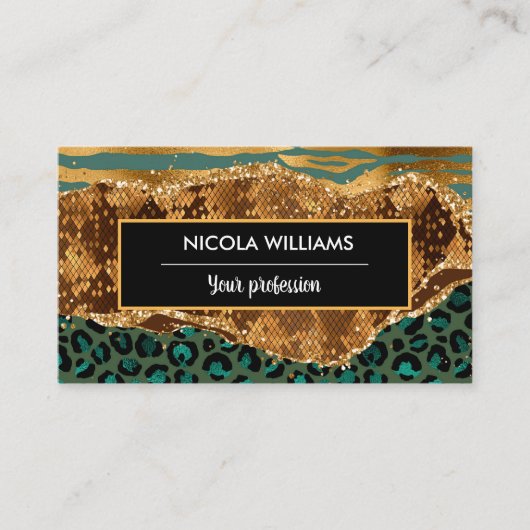 金ゴールド&グリーンサファリジャングルアニマルプリントアゲート 名刺 (正面)