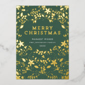 金ゴールド&グリーンメリークリスマス花模様 箔シーズンカード (正面)