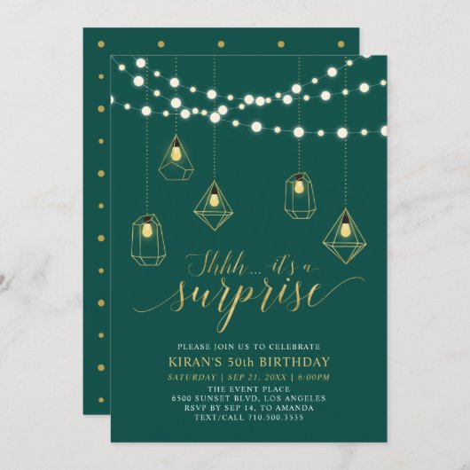 金ゴールド&グリーンモダンサプライズ50thバースデーパーティー 招待状 (正面/裏面)