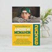 金ゴールド&グリーンモダン卒業写真のお知らせ 招待状 (スタンド正面)