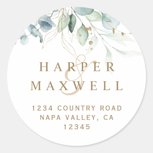 金ゴールド・グリーン植物学結婚差出人住所 ラウンドシール (正面)