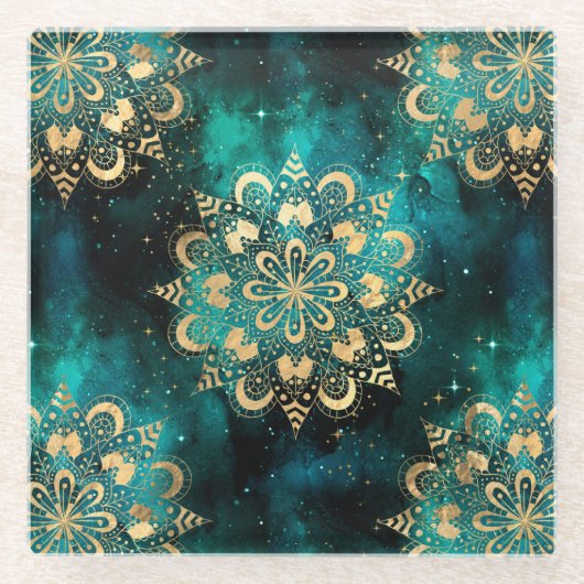 金ゴールド&グリーン銀河系ダルマダラパターン ガラスコースター (正面)