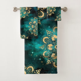 金ゴールド&グリーン銀河系ダルマダラパターン バスタオルセット