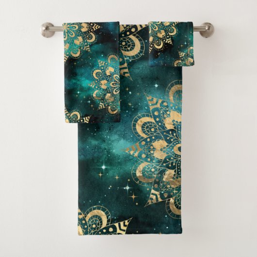金ゴールド&グリーン銀河系ダルマダラパターン バスタオルセット (インサイチュ)