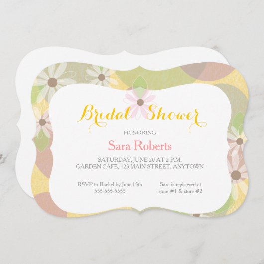 金ゴールド、グリーン&ピンクIホワイトデイジーブライダルシャワー 招待状 (正面/裏面)