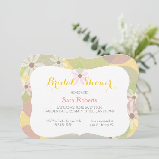 金ゴールド、グリーン&ピンクIホワイトデイジーブライダルシャワー 招待状 (スタンド正面)
