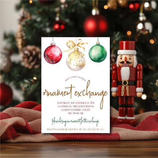 金ゴールド,グリーン,レッドオーナメントエクスチェンジホリデーパーティー 招待状
