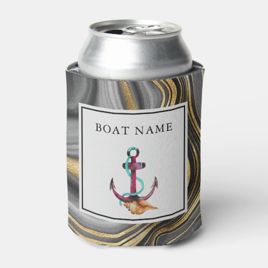 金ゴールド&グレイモダンアゲートゲード&いかりボート名 缶クーラー (缶正面)