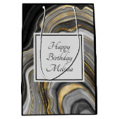 金ゴールド&グレイモダンアゲートジェームストーン誕生日 ミディアムペーパーバッグ (正面)