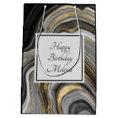 金ゴールド&グレイモダンアゲートジェームストーン誕生日 ミディアムペーパーバッグ (裏面)