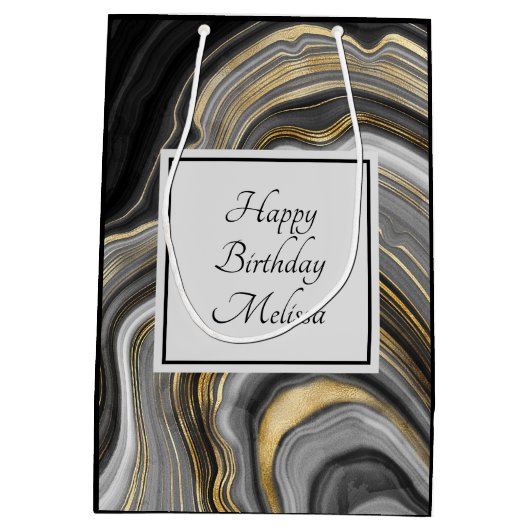 金ゴールド&グレイモダンアゲートジェームストーン誕生日 ミディアムペーパーバッグ (裏面)