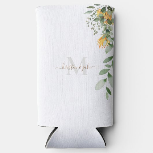 金ゴールド&グレーモノグラム&スクリプト名ひまわり販売 スリム缶クーラー (正面)