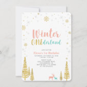 金ゴールド&コーラルウィンターオンダーランド1歳の誕生日パーティー 招待状 (正面)