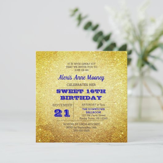 金ゴールド&サファイアブルースパークリスウィート16招待状 招待状 (スタンド正面)