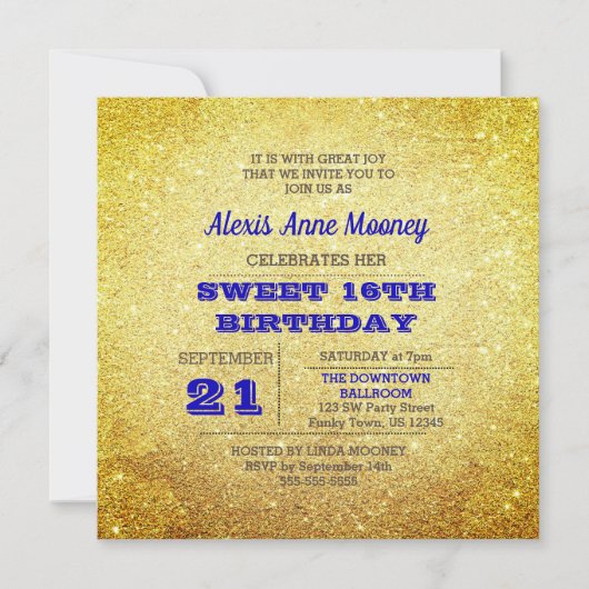 金ゴールド&サファイアブルースパークリスウィート16招待状 招待状 (正面)