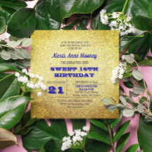 金ゴールド&サファイアブルースパークリスウィート16招待状