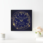 金ゴールド·シャイニー·紙吹雪、ブルー50結婚周年記念 スクエア壁時計 (ホーム)