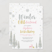 金ゴールド&シルバーウィンターオネダーランド1歳の誕生日パーティー 招待状 (正面/裏面)