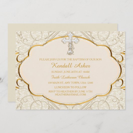 金ゴールド&シルバークロスバプテスマ《キリスト教》洗礼式や命名式招待状 招待状 (正面/裏面)