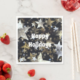 金ゴールド&シルバースターズオンブラックホリデイ標準ナプキンズ スタンダードランチョンナプキン