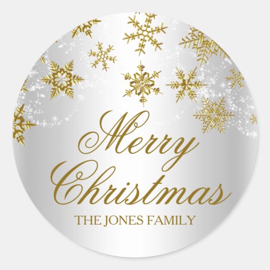 金ゴールド&シルバースノーフレーククリスマスステッカー ラウンドシール (正面)