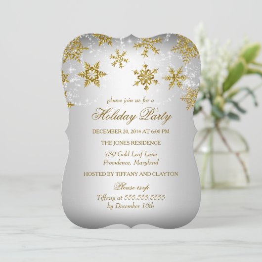 金ゴールド&シルバースノーフレーククリスマスホリデーパーティー 招待状 (スタンド正面)