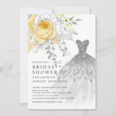金ゴールド&シルバーフローラ結婚ズドレスブライダルシャワー 招待状 (正面)