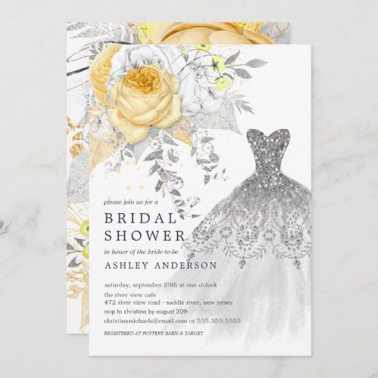 金ゴールド&シルバーフローラ結婚ズドレスブライダルシャワー 招待状 (正面/裏面)