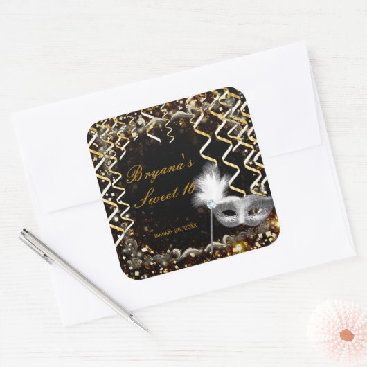 金ゴールド&シルバーマスカレードマスク誕生日パーティー スクエアシール (封筒)