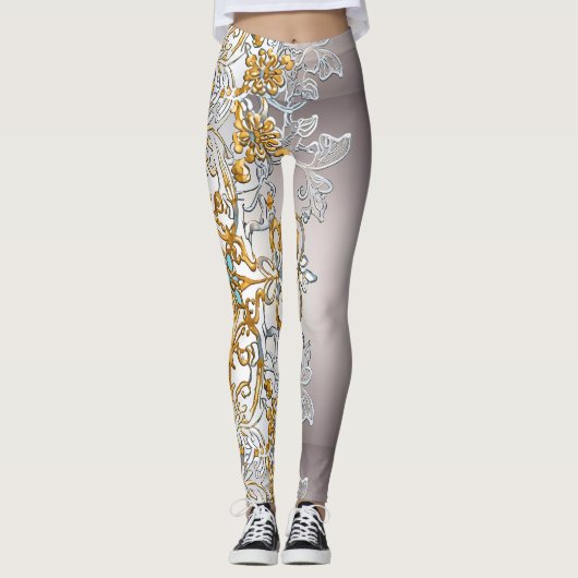 金ゴールド&シルバーレーステプストリー万華鏡のように千変万化するパターン レギンス (正面)