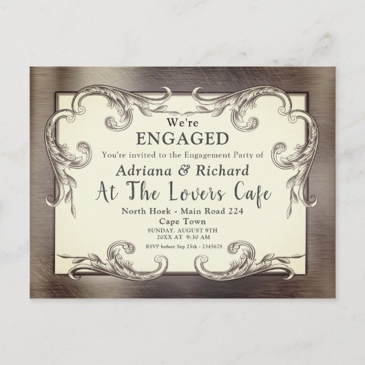 金ゴールド – シルバー – 真鍮ヴィンテージデコール婚約 インビテーションポストカード (正面)