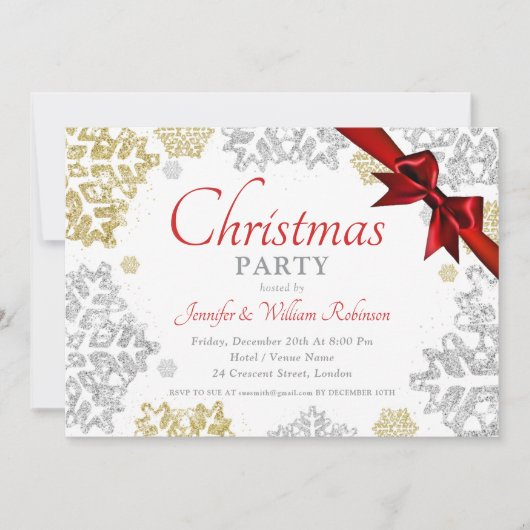金ゴールド&シンプルシルバースノーフレーククリスマスホリデイ 招待状 (正面)
