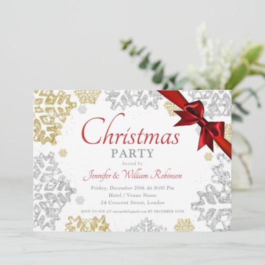金ゴールド&シンプルシルバースノーフレーククリスマスホリデイ 招待状 (スタンド正面)