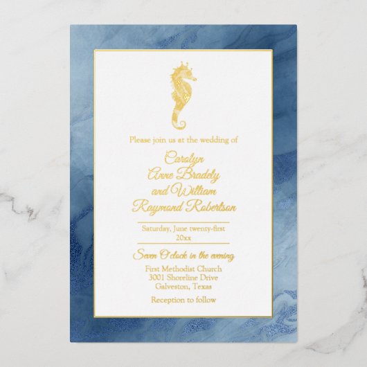 金ゴールド・シーホース・ウィズ・ブルー・フ結婚レームズ 箔招待状 (正面)