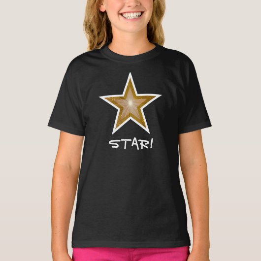 "金ゴールド"スターホワイト'スター！'女の子のTシャツ黒 Tシャツ (正面)