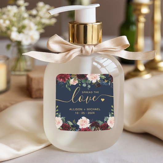 金ゴールド·スプレッド·ザ·ラブ·スクリプトブルゴーニュ·ネイビー·フローラ スクエアシール